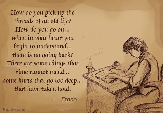 Quote from Frodo, Lord of the Rings:
“How do you pick up the threads of an old life? How do you go on, when in your heart you begin to understand... there is no going back? There are some things that time cannot mend. Some hurts that go too deep, that have taken hold.”