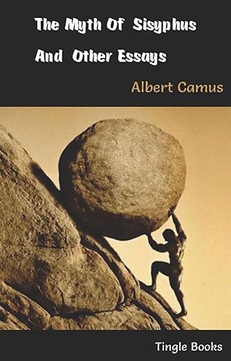 Book cover of Myth of Sisyphus showing man pushing boulder up a hill